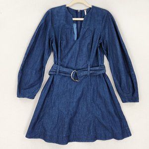 Free People Dress Womens Medium Blue Karmen Denim Belted Mini A Line Long Sleeve